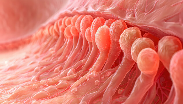 Extreme close-up of intestinal lining revealing natural tissue textures and microscopic detail.