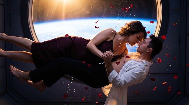 Couple dancing weightless among rose petals by a space station porthole, eternal love and anniversary concept