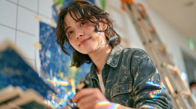 An astrologer in a hospital waiting area repurposes printed chart offcuts into personalized client folders, a tall ladder leaning against the tiled wall behind, geometric prism light refracting acro