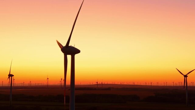 Wind turbines operating on farm during yellow sunset. Dark silhouettes of power generators line the countryside horizon under bright amber light.