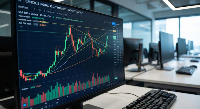 Modern office interior with professional equipment for financial market analysis, digital assets and stock trading on large computer screens.