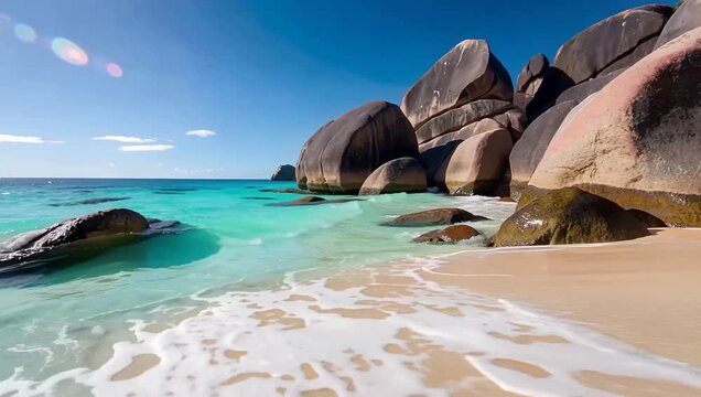 Natural granite stone archway over crystal clear turquoise water Anse Source d'Argent Seychelles.