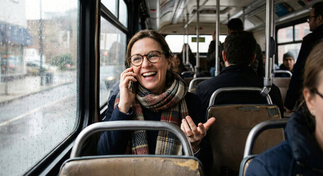 Confident young happy businesswoman commuting to work by bus and having a phone call with her smartphone.