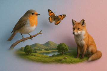 Fototapeta premium Fox robin and butterfly surround miniature green landscape illustration