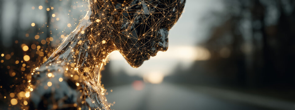 Digital human profile formed from glowing golden network nodes