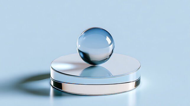 Minimal 3D render of a transparent glass sphere balancing on a reflective circular platform, featuring clean geometry, soft shadows and futuristic aesthetic.