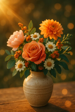 Orange rose and dahlia bouquet in a rustic ceramic vase