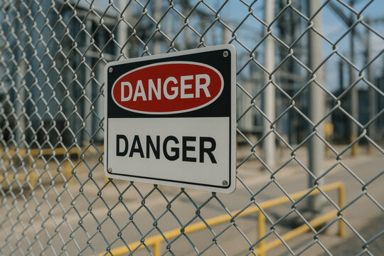 Red and black danger sign attached to an industrial fence