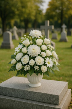 White funeral flowers rest on a grave in cemetery