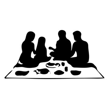 Group of friends having outdoor picnic on mat silhouette for social gathering ui.