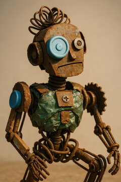 Whimsical steampunk robot with copper coils and mismatched round eyes