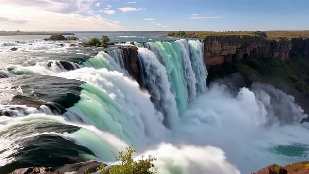 Massive curtain of water cascading into Zambezi gorge Victoria Falls Zimbabwe.