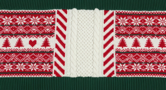 Festive Christmas sweater knit pattern, red and green winter holiday textile, cozy wool fabric with snowflakes and trees, nordic knitwear background