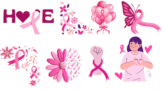 Pink ribbon breast cancer awareness set, 8 feminine health support icons with hope typography, floral butterfly and woman illustrations for charity.