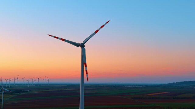 Wind turbine with red blade tips, aerial view over patchwork farmland. A white rotor fills the foreground beneath a blue sky, with smaller towers along a pink horizon.