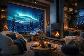Obraz premium Cozy rustic cabin interior glowing beneath northern lights