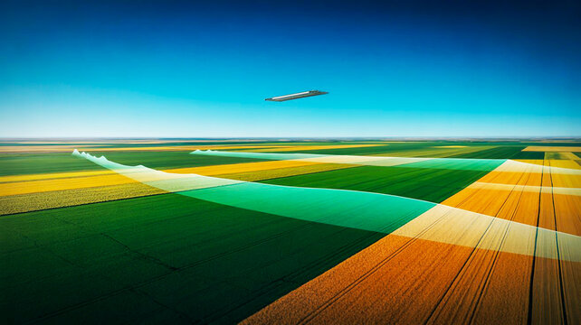 Cinematic aerial view of a small aircraft flying over vibrant multicolored agricultural crop fields under a clear blue sky