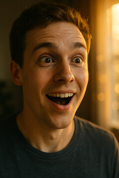 Young man expressing surprise with wide eyes and open smile
