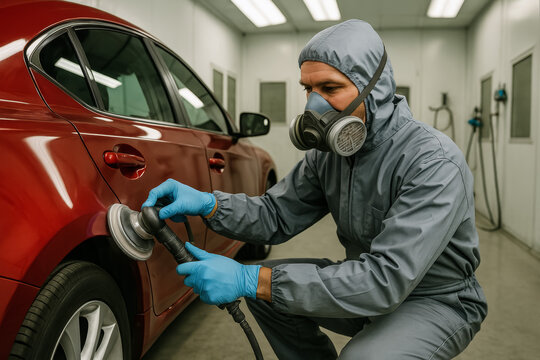 Worker polishing red car body wearing respirator and coveralls