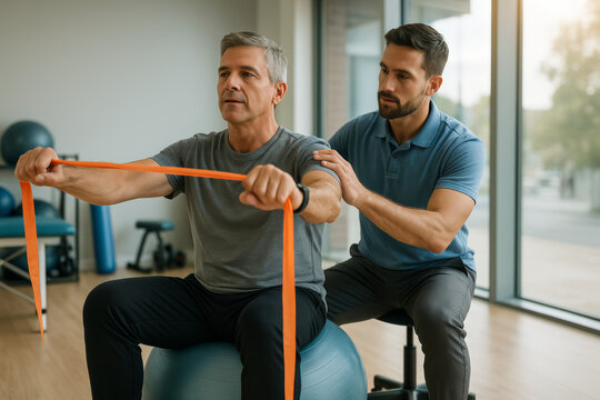 Therapist assisting seated man with orange resistance band exercise