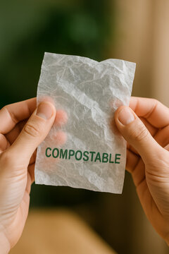 Hands holding translucent packaging sheet labeled compostable in green