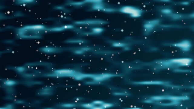青と水色のまだらな光が流れ小さな白い星が漂いながら光るキラキラ背景のループアニメーション