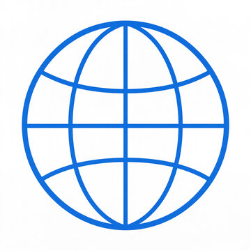 Blue globe outline icon with latitude and longitude lines isolated on a white background, representing global connection, geography, internet, and international communication.