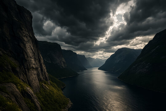 Dark fjord between sheer mountain walls beneath heavy storm clouds
