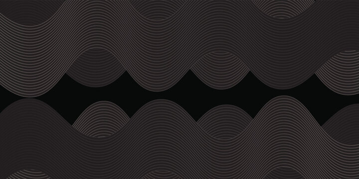Abstract dark background featuring layered, flowing wave patterns made of thin curved lines. The repeating sinusoidal shapes create a dynamic sense of movement, depth, rhythm, and symmetry,