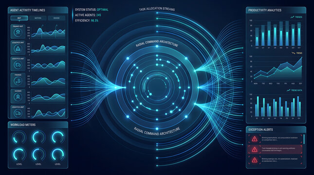 Futuristic digital interface with glowing blue data visualization charts and complex circular hud elements for technology dashboard