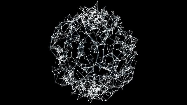 Network-connected data tunnel animation on a black background. Connection of data nodes dots