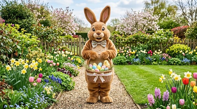 Easter bunny costume character holding a basket of colorful eggs in a spring garden. Festive rabbit mascot standing on a path surrounded by blooming flowers