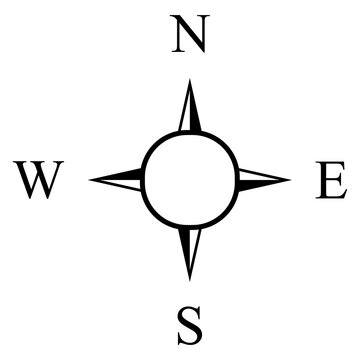 Compass direction icon, black navigation symbol with north south east west indicators for travel and wayfinding