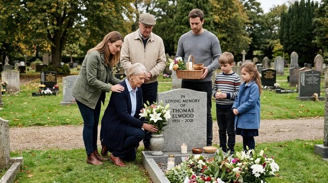 Multi-generational family gathering around a grave in a cemetery. Older woman kneeling to place flowers on a headstone while parents and children stand respectfully. Mourning and remembrance concept