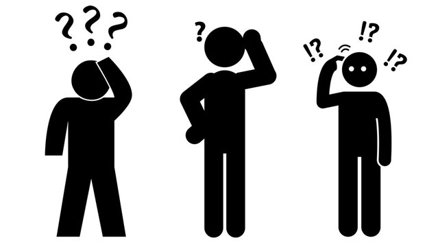 Confused stick figure icons, puzzled man silhouettes with question marks, thinking person symbols, minimalist black and white character set