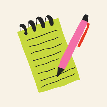 Colorful notebook with pen. Hand drawn stationery and writing supplies vector illustration