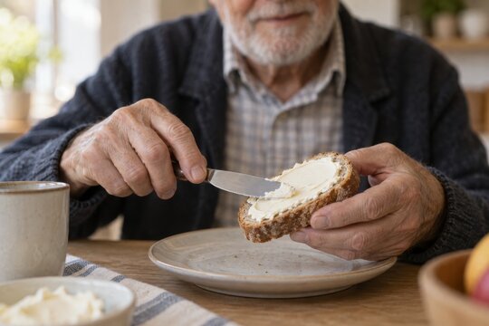 Senior man spreading butter on bread at home. Independent living for older adults. Everyday self-care and daily routine. Breakfast preparation, aging in place and domestic life.