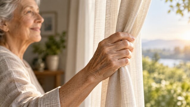 Elderly woman drawing a curtain aside at home while looking out window. Independent senior living at home. Aging in place, autonomy and wellbeing. Everyday life in later years.