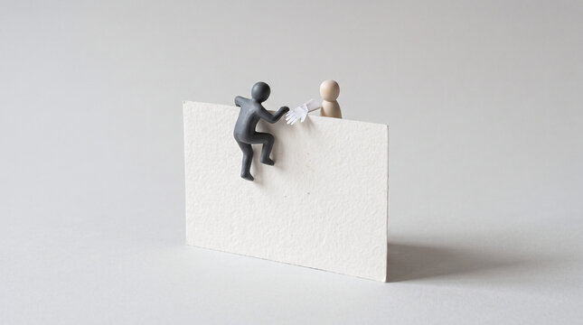Miniature figures helping each other climb white wall representing teamwork partnership support and overcoming business obstacles