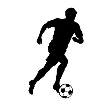 Silhouette of a soccer player dribbling a football ball isolated on white background