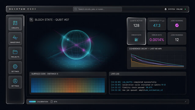 Advanced quantum computing dashboard interface displaying qubit states and system diagnostics with glowing cyan graphics inside dark UI