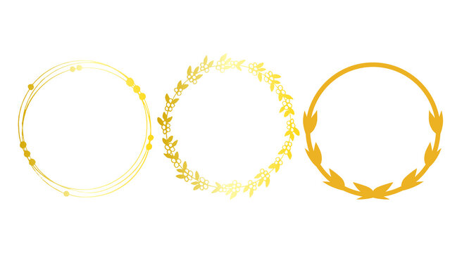 Golden circular frames, set of 3 elegant gold leaf wreaths, minimalist decorative round borders for wedding invitations and luxury branding