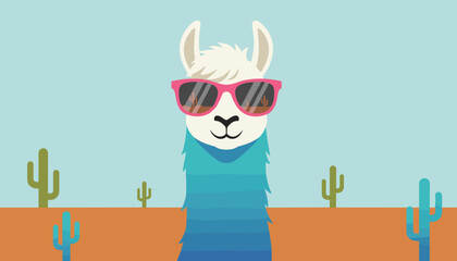 Obraz premium Close up portrait of a fluffy llama wearing bright pink sunglasses against a desert landscape with colorful cacti and a clear blue sky.