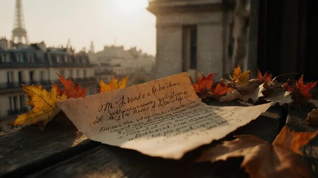 Sheet music blowing in autumn breeze against Parisian rooftops with Eiffel Tower in soft focus