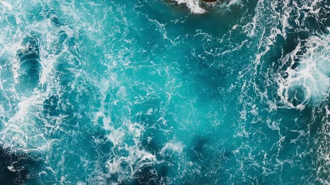 Aerial view of Atlantic Ocean waves and foam near exposed rock. Turbulent seawater across frame.