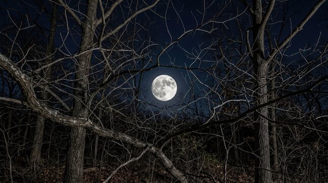 Full moon shining through bare tree branches at night. Detailed lunar landscape framed by winter forest trees