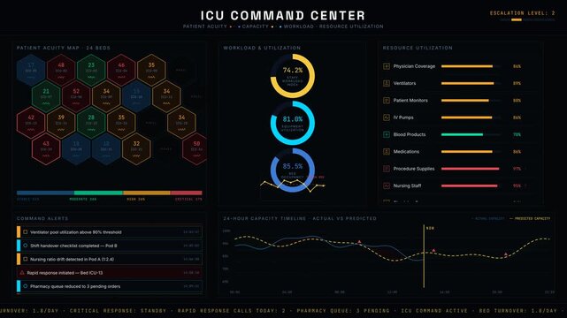 The ICU Command Center features a sophisticated monitoring interface for patient acuity, capacity, workload, and resource utilization with dynamic visual elements and data representation.
