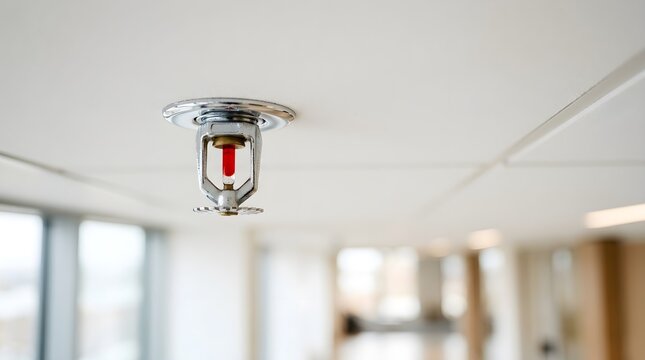 Fire sprinkler head mounted on white office ceiling