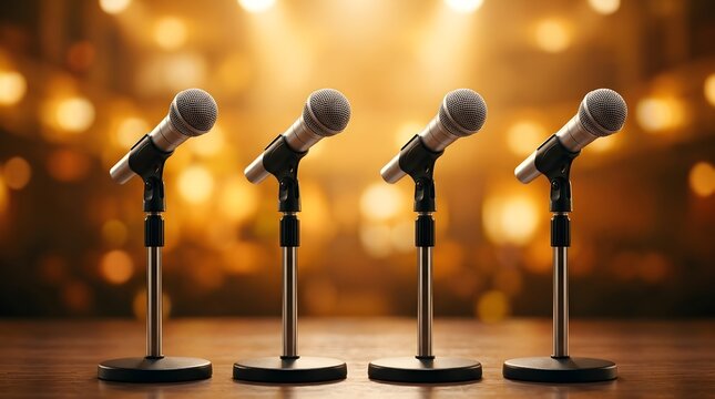 Four microphones on stands on stage with bokeh lights