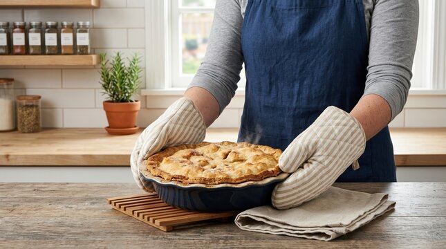 Person in oven mitts holding a freshly baked hot pie. Golden brown homemade pastry in a blue ceramic dish on a kitchen counter. Baking at home concept